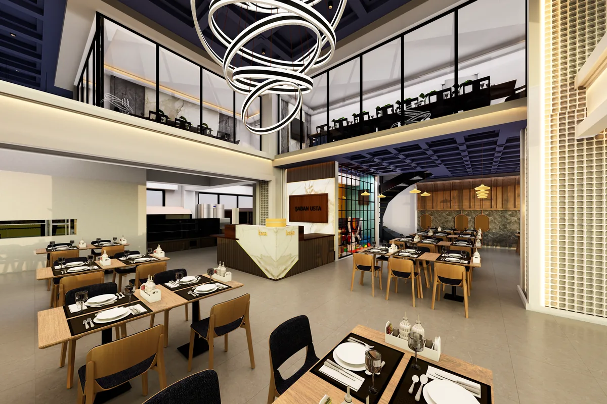 Şaban Usta restoranının çift yükseklikli salonu; 3D render