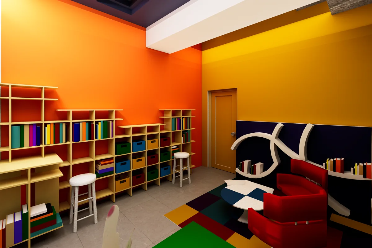 Şaban Usta — Tavacı Yakup: Çocuk oyun alanı: turuncu duvar, kitap rafları, kırmızı koltuk; 3D render