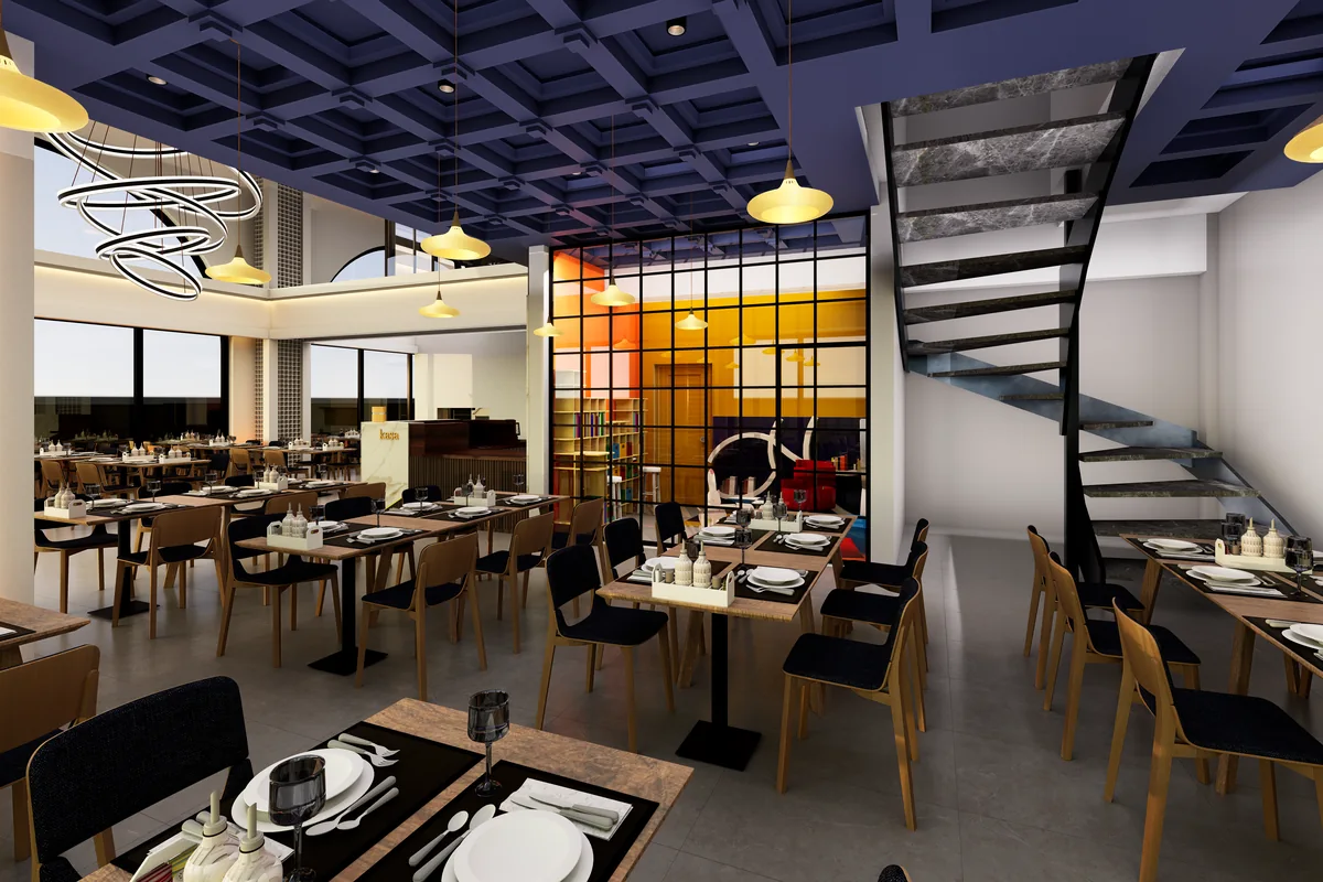 Şaban Usta — Tavacı Yakup: Döner merdiven, renkli cam bölme, çift yükseklikli salon; 3D render