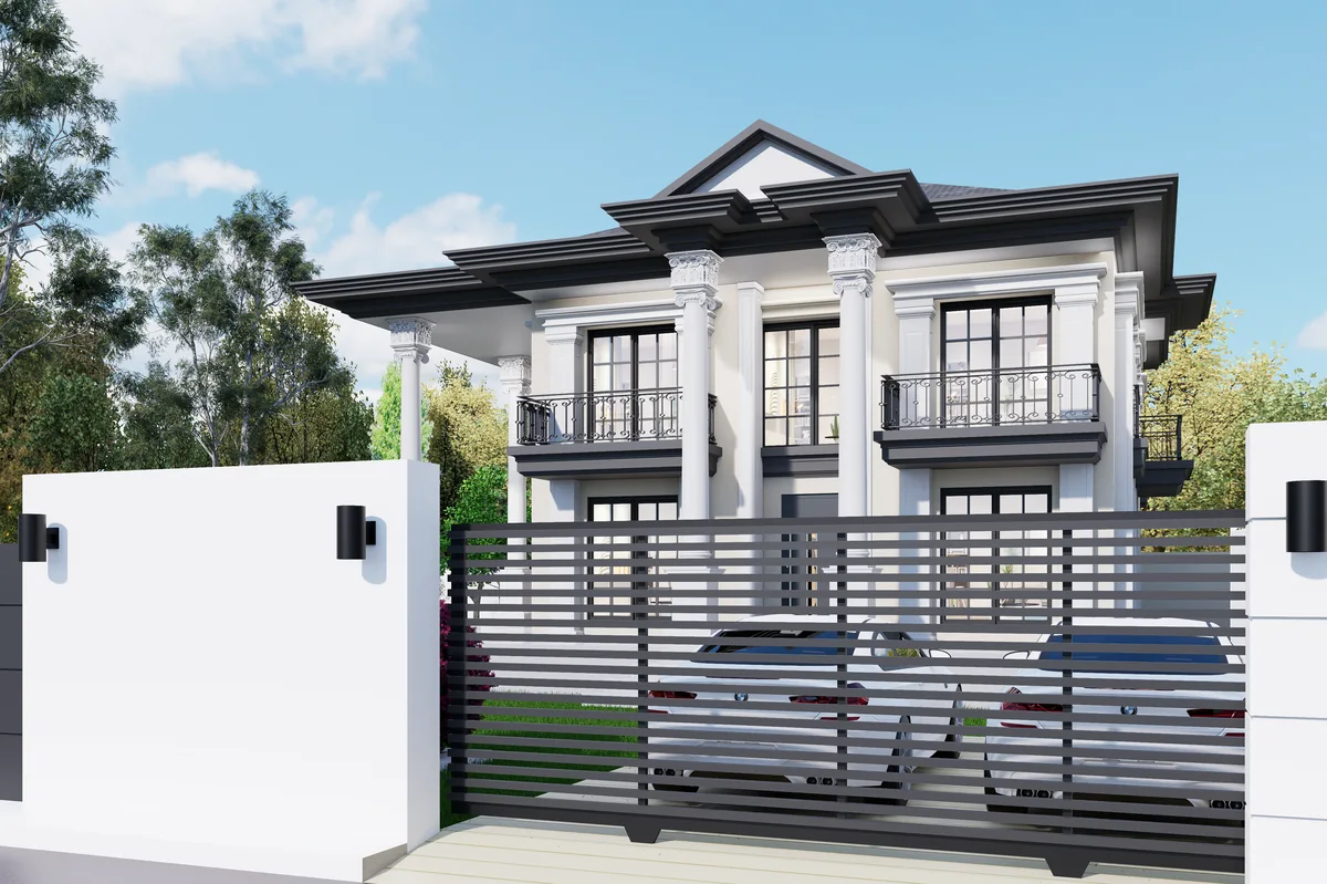Villa HS’nin metal bahçe kapısı, araç giriş alanı ve ön cephesi; 3D render