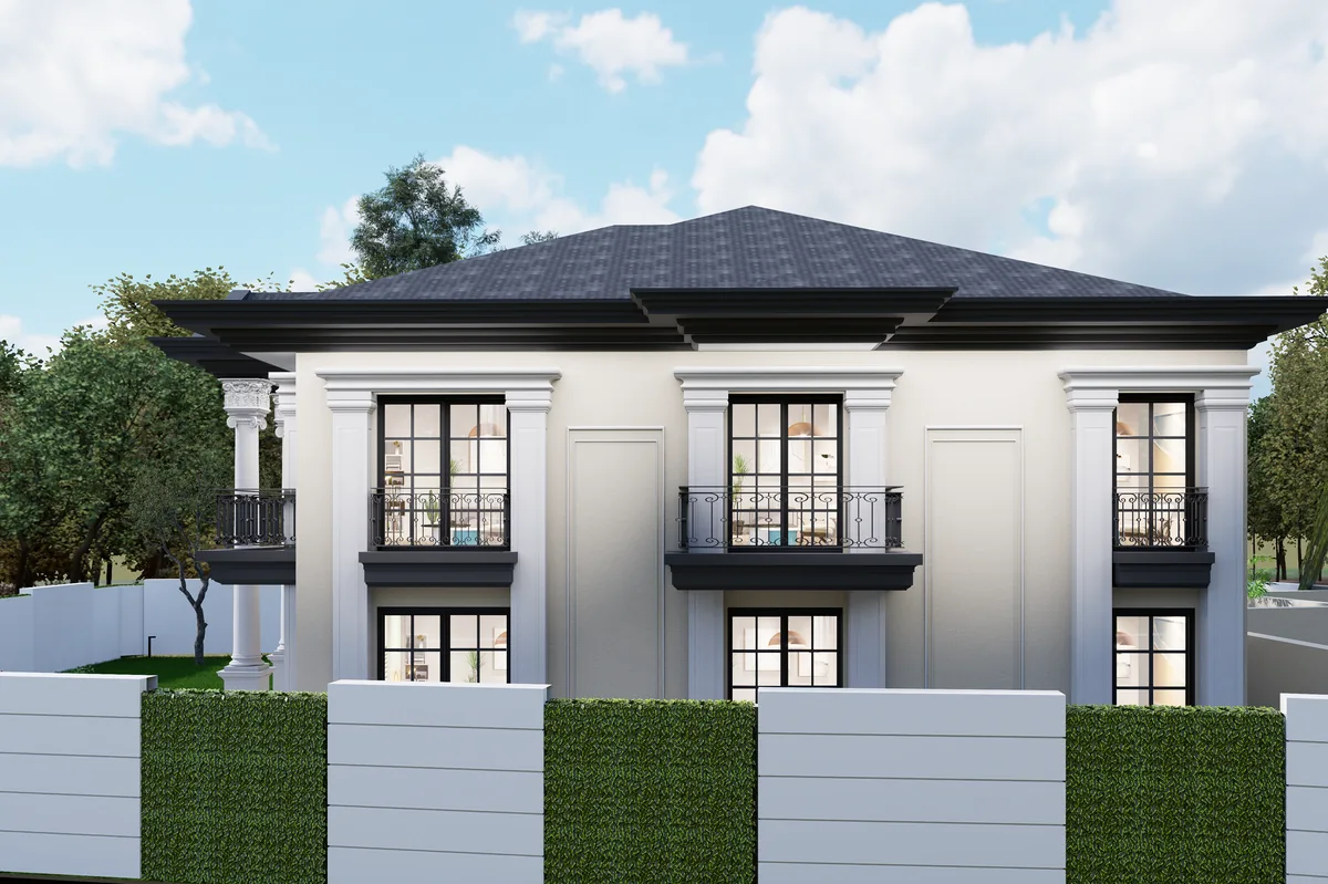 Villa HS’nin bahçe duvarı üzerinden görülen cephesi ve balkon korkulukları; 3D render