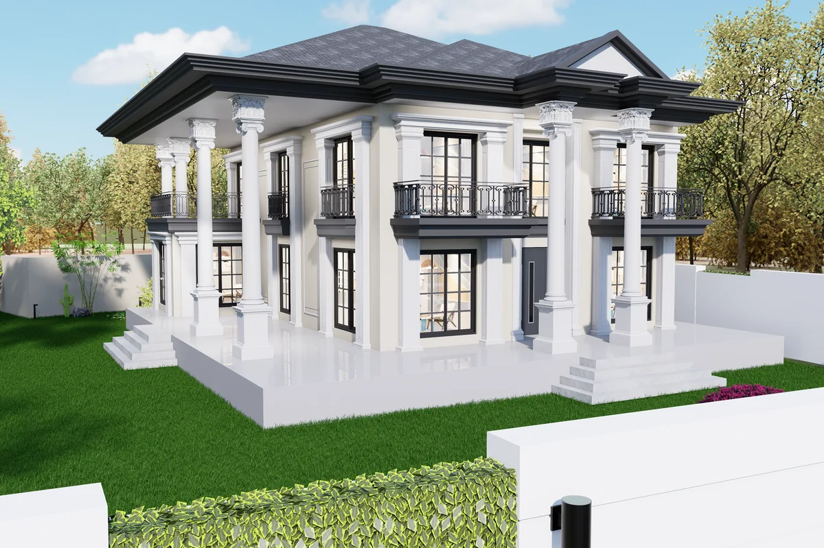 Villa HS’nin bahçeden görülen iki katlı cephesi, sütunları ve koyu renk çatısı; 3D render