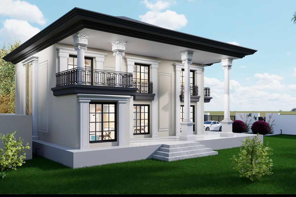 Villa HS’nin köşe balkonu, yan cephe pencereleri ve bahçe basamakları; 3D render