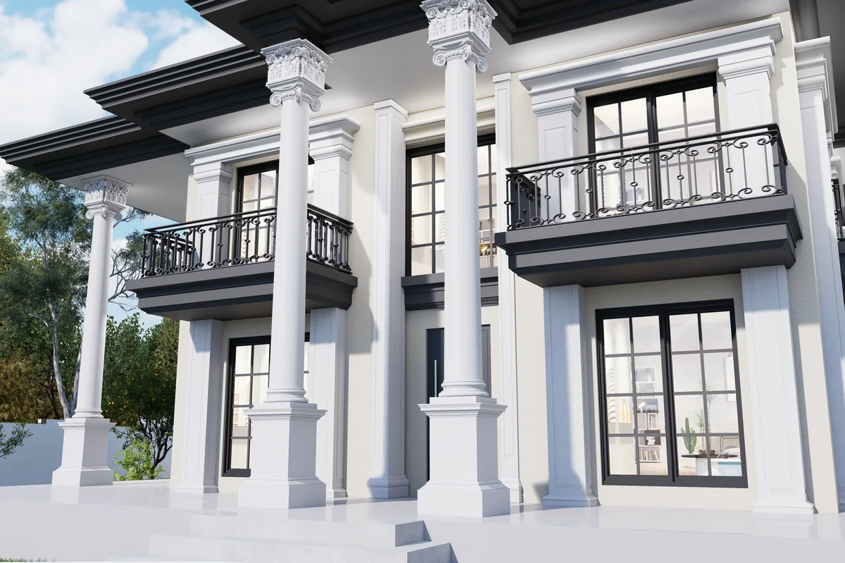 Villa HS’nin giriş kapısı, sütunları, balkonları ve cephe süslemelerinin yakın görünümü; 3D render
