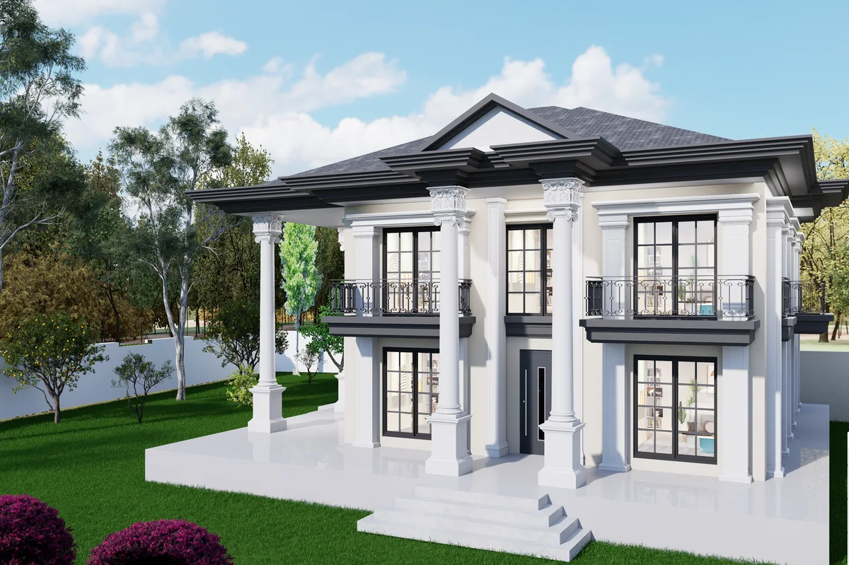 Villa HS’nin sütunlu giriş cephesi, kapısı ve bahçeden genel görünümü; 3D render