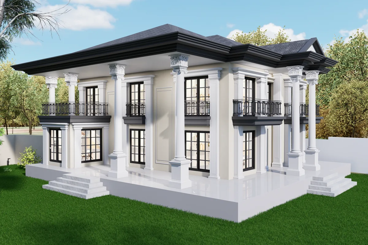Villa HS’nin köşe perspektifinde geniş pencereleri, balkonları ve çim bahçesi; 3D render