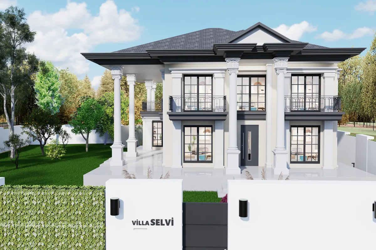 Villa HS’nin simetrik ön cephesi, sütunları, balkonları ve bahçe giriş duvarı; 3D render
