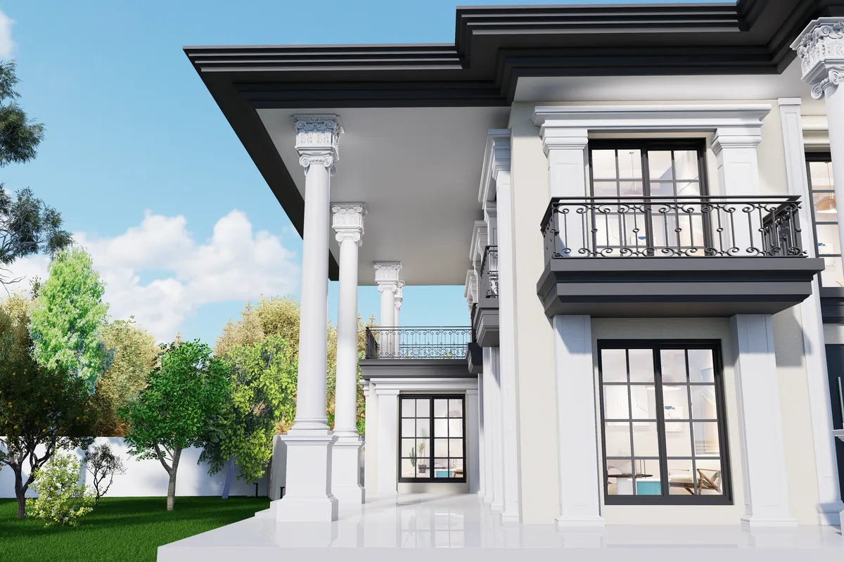 Villa HS’nin sütun başlıkları, balkon korkuluğu ve koyu renk çatı saçağı; 3D render