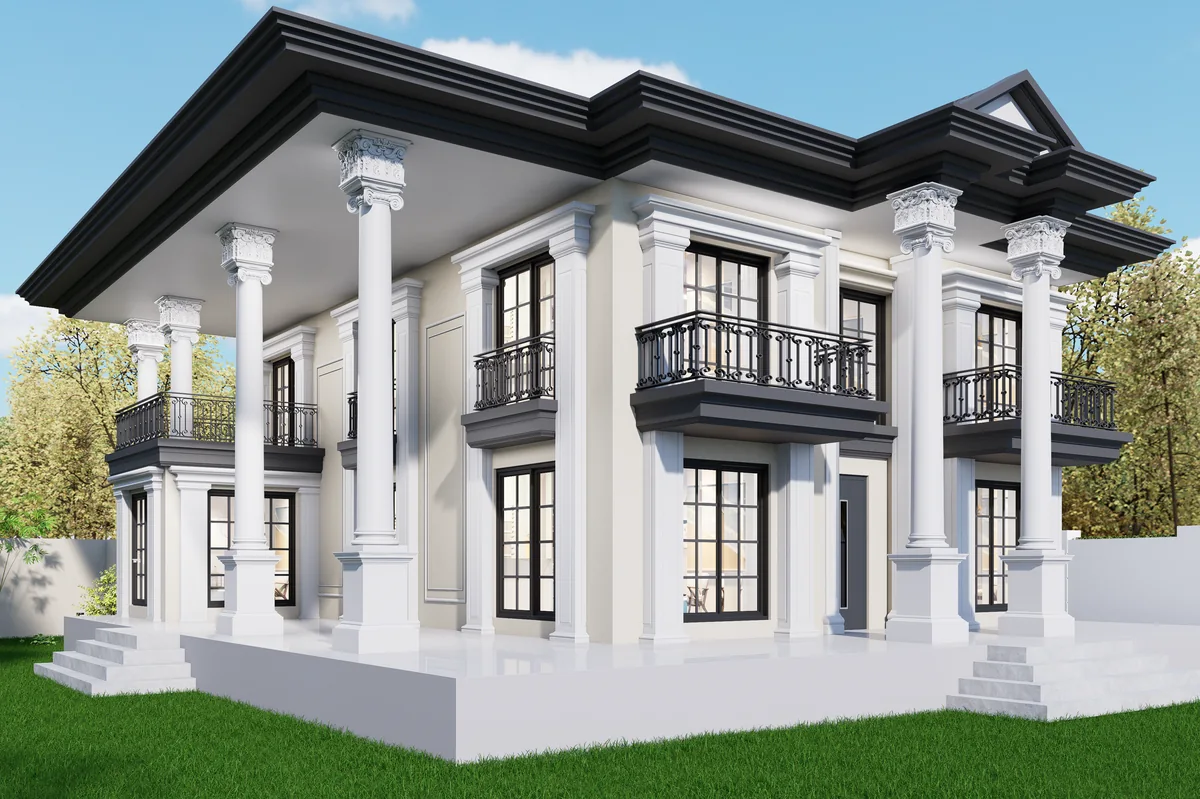 Villa HS’nin sütunlu köşe cephesi, balkonları ve çatı saçakları; 3D render