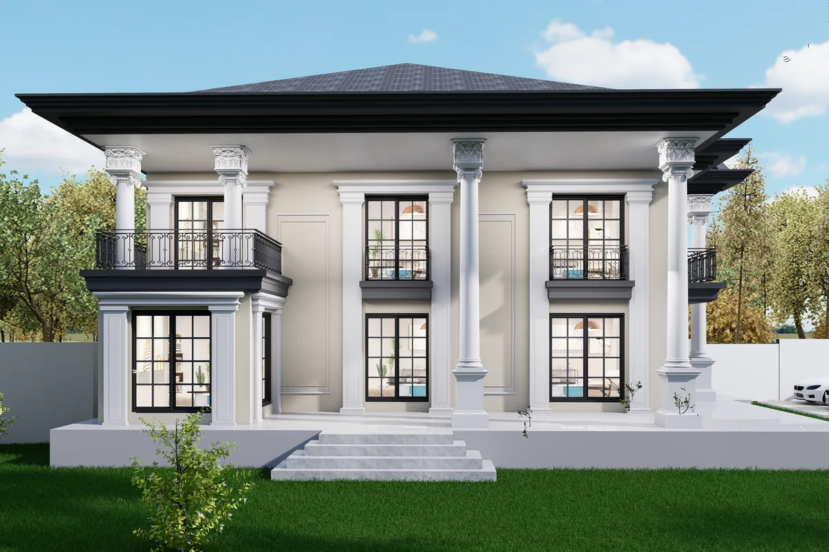 Villa HS’nin yan cephesindeki sütunlar, pencereler ve bahçeye inen basamaklar; 3D render