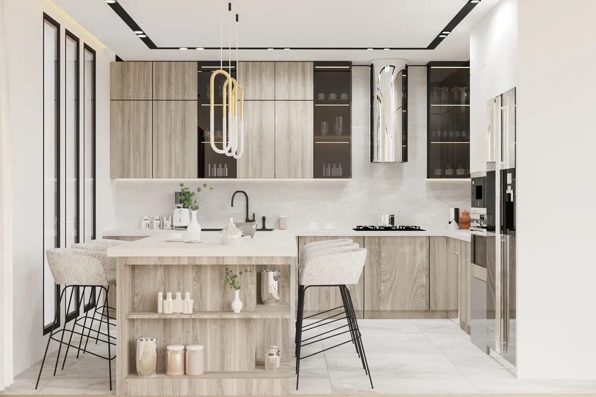 Villa Mostanza mutfağı: ada tezgâh, ahşap dolaplar ve açık raflar; 3D render