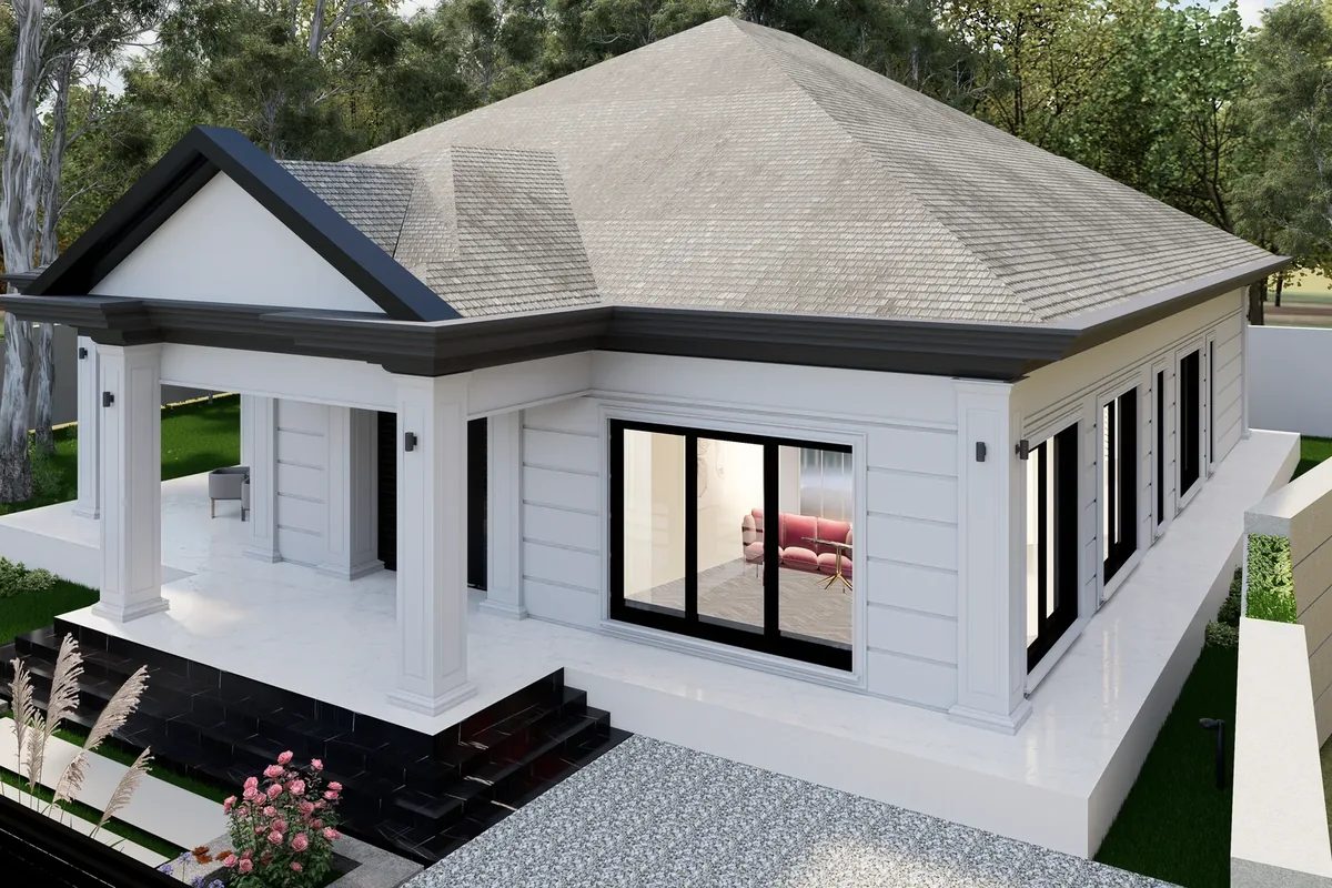Villa Selvi ilk tasarım önerisi: Kuşbakışı köşe: çatı, sundurma, çiçekli giriş bahçesi; 3D render