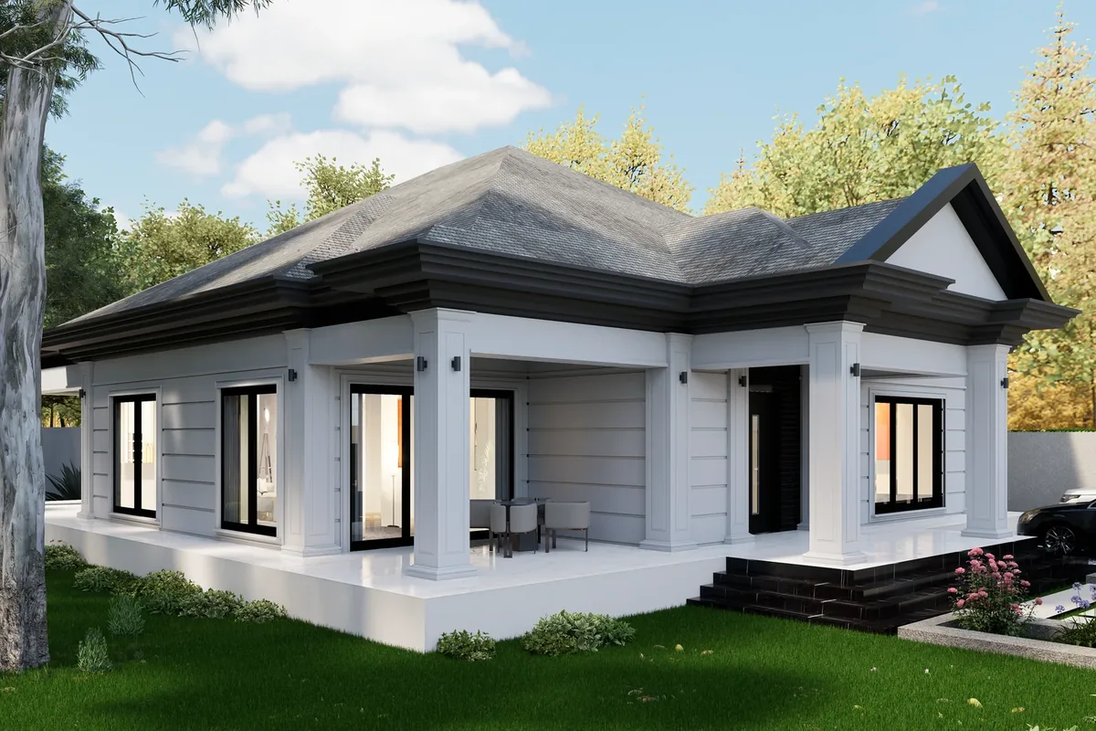 Villa Selvi ilk tasarım önerisi: Köşe perspektif: koyu çatı saçağı, sundurma, çim; 3D render