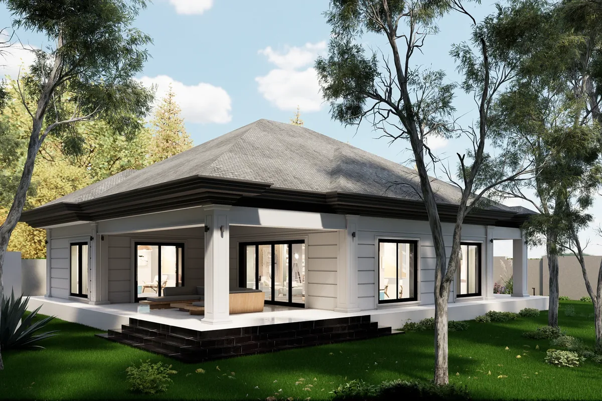 Villa Selvi ilk tasarım önerisi: Arka bahçeden örtülü teras, oturma grubu, ağaçlar; 3D render